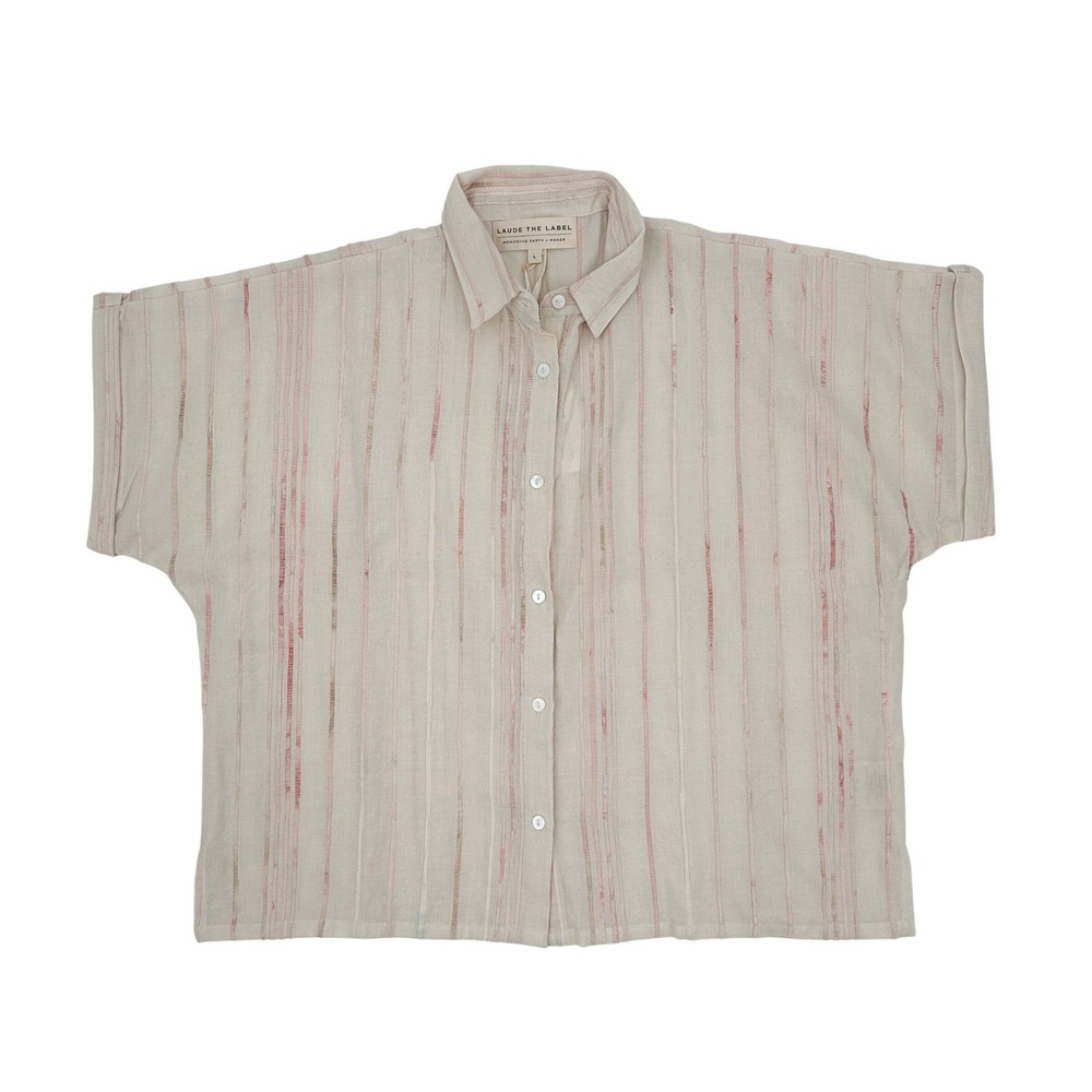 LAUDE THE LABEL Womens Striped Boxy Button Down Shirt Cotton Silk Cream Pink L